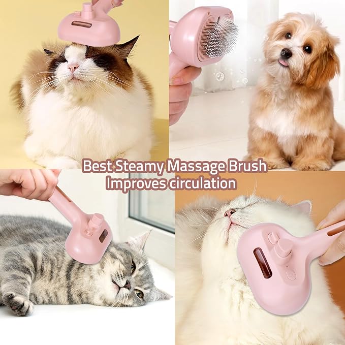 Bunny Ferret Steam Brush Release Button Self Cleaning Spray Comb for Long and Short Hair Cats Rechargeable Steaming Cat Grooming Brush Steamer to Remove Loose Hair (Pink)