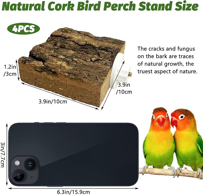 kathson 4Pcs Natural Cork Bird Perch Stand Platform Small Birds Thicken Wooden Square Stand Perch Parakeet Chewing Toy Cage Accessories for Lovebirds Cockatiels Conures(Single Screw, 1.2 in Thick)