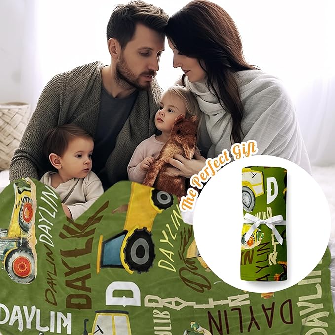 Personalized Tractors Blanket - Custom Name with Farm Tractor Trucks Design - Soft Plush Flannel Bed Blanket for Baby Kid Teen Boys Girls Customized Gifts Olive Green & Yellow