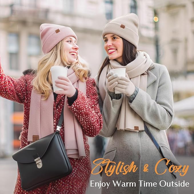 Womens Winter Warm Beanie Hats Gloves Scarf Headband Set Fleece Lined Ear Warmer Knit Scarf Touchscreen Gloves Winter Gifts