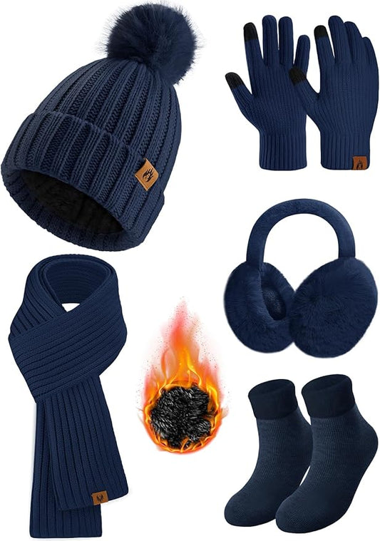 HEEKPEK Winter Beanie Hats Scarf Gloves Ear Muffs Fuzzy Socks 5pcs Set for Women Cold Weather Beanies Touch Screen Gloves