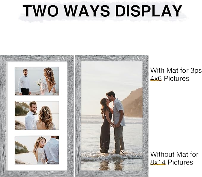 Vittanly 8x14 Picture Frames Collage Wall Decor, Displays 3Pcs 4x6 Pictures with Mat or 1Pcs 8x14 without Mat, Collage Picture Frame for Horizontal or Vertical Display, Grey, 1 Pack