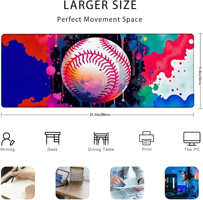 Colorful Baseball Gaming Mouse Pad Gifts 31.5" x 11.8", Non-Slip Rubber Base MousePads for Computers Laptop School Office Home Accessories Decor, Mouse Pad, Keyboard Desk Mat