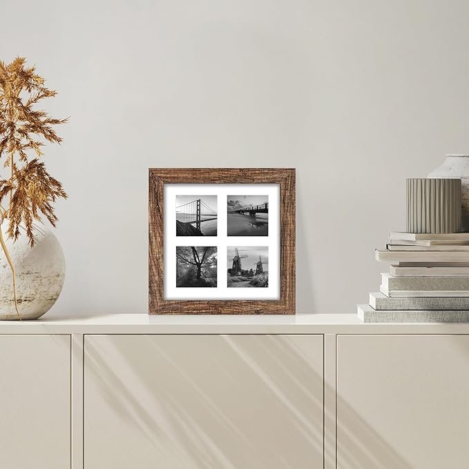 8x8 Picture Frame Set of 2, with Glass and Rustic Brown Wood Frames, Display Collage Four Opening 3x3 With Mat or 8 x 8 Without Mat for Wall Hanging or Tabletop
