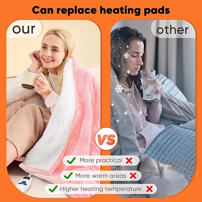 greenoak Heated Blanket Electric Throw 50"X60", Heating Blanket with 10 Heat Levels 8 Hours Auto-Off,Fleece Soft Blanket,Christmas Birthday Gifts for Women Mom, Baby Pink