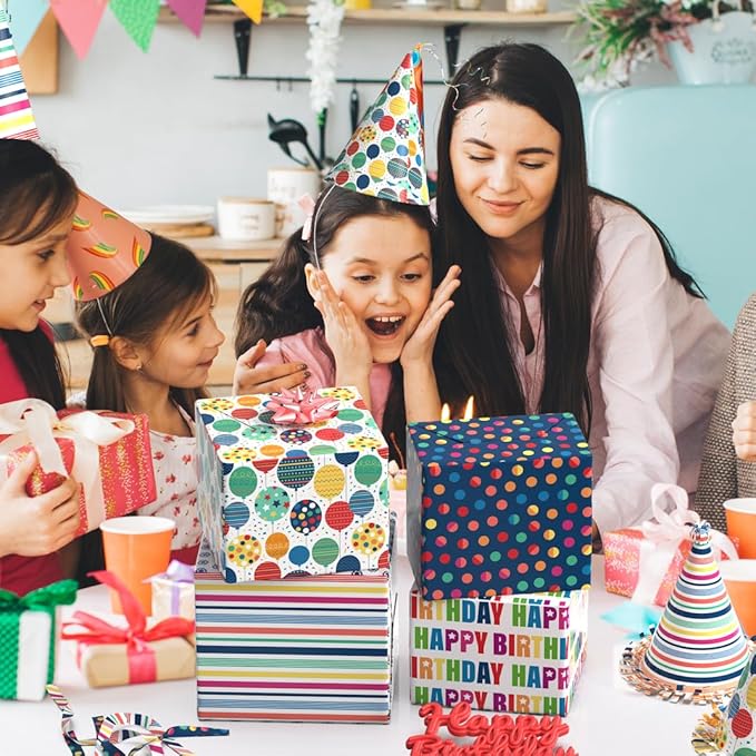 MotiGiftie Birthday Wrapping Paper for Boys Girls Women Men,12 Sheets Gift Wrapping Paper with “Happy Birthday” Polka Dots, Balloons, Colorful Stripes - Holiday Gift Wrap 20×28 Inch