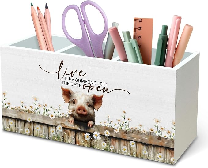 DILSJ Pig Inspirational Pen Pencil Holder Organizer for Desk, Pig Lovers Gifts, Live Like Someone Left the Gate Open Wooden Box Signs for Home Office Desk Tabletop Decoration