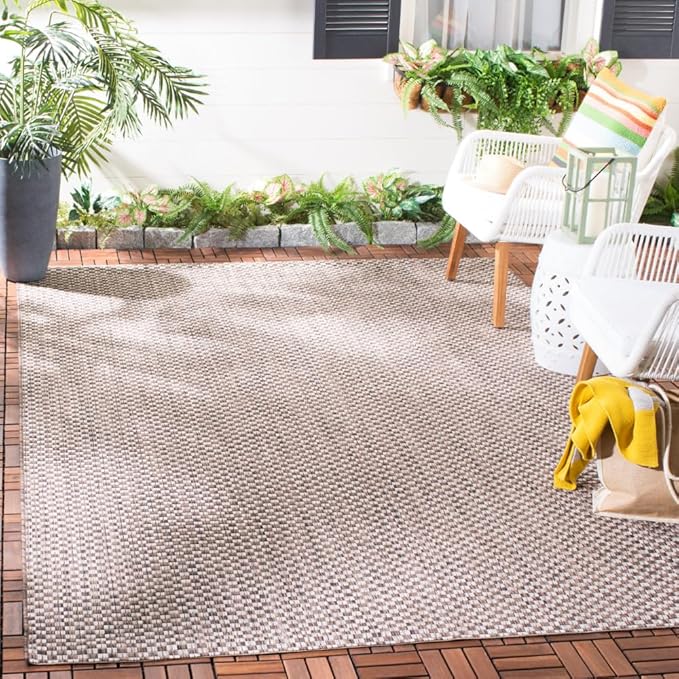 SAFAVIEH Washable Rug Outdoor Courtyard Collection - 6'7" Square, Light Brown & Light Grey, Non-Shedding & Easy Cleaning, Ideal for Patio, Backyard, Mudroom (CY8653-36321)