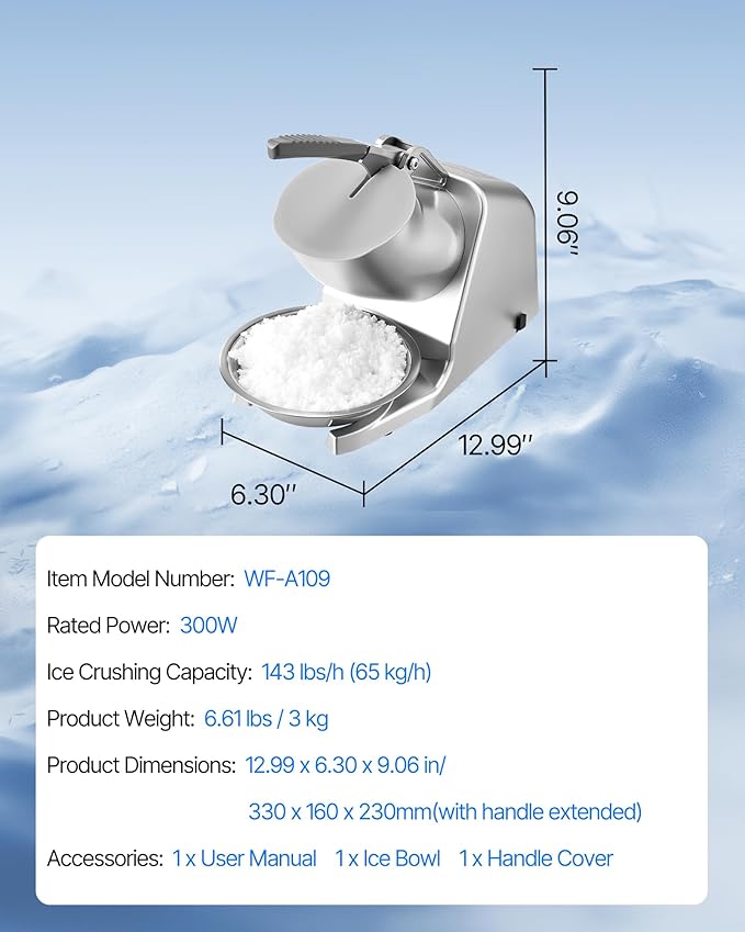 VEVOR Ice Crusher Machine, 143lbs Per Hour Electric 2 Blades Snow Cone Maker, Stainless Steel Shaved Ice Machine with Bowl and Cover, 300W 2000RPM Ice-Shaver for Home and Commercial Use, Silver