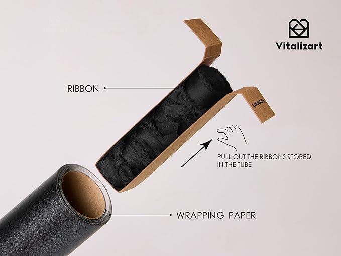 Vitalizart Black Wrapping Paper Set 17" Pearly-Lustre With Silk Like Satin Ribbon & Gift Tags Recyclable Christmas Gift Wrapping Birthday Baby Shower Wedding Handmade Crafts 197"(16.4 Ft)