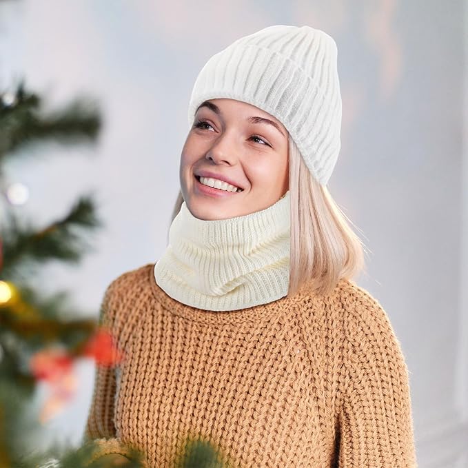 SATINIOR 5 Pcs Winter Beanie Hat Scarf Gloves Set Fleece Lined Knit Hat Warm Touch Screen Gloves Earmuff Warmer for Women(White,Fashion Style)