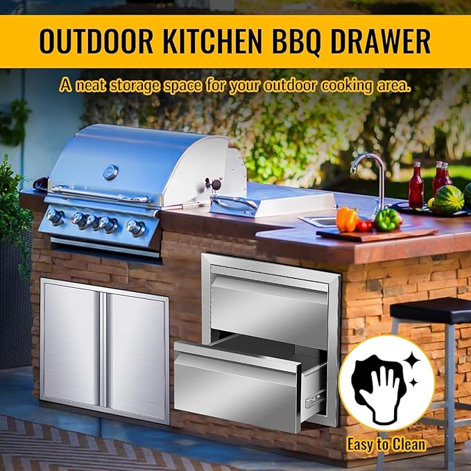 Outdoor Kitchen Drawers Stainless Steel 18W X 15H X 23D Inch, Flush Mount Double BBQ Island Drawers with Hidden Handle for Outdoor Kitchens, Patio or Grill Station