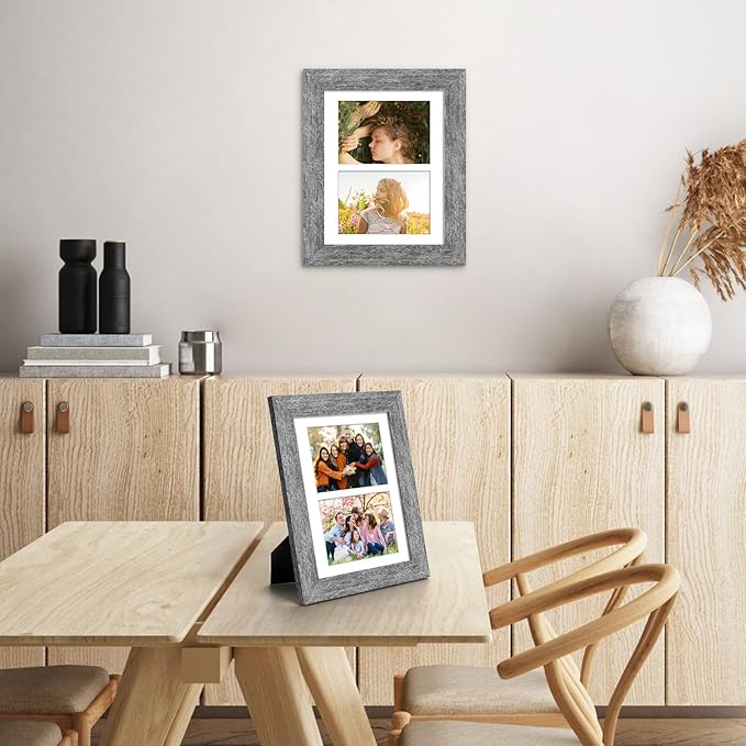8.5x11 Picture Frame Display 2 opening Double 5x7 Picture Frame Collage,Multi Photo Frame with Mat,Plexiglass,Horizontal and Vertical Formats for Wall Decor,Grey Wood Grain