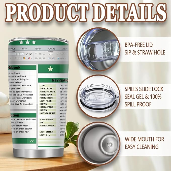 the Office Gifts, 20oz Shortcut Key Tumblers with Straw, Accountant Gift for Coworkers, Excel Shortcuts Cheat Sheet Spreadsheet Tumbler Gifts for Thanksgiving Christmas, 1 PCS