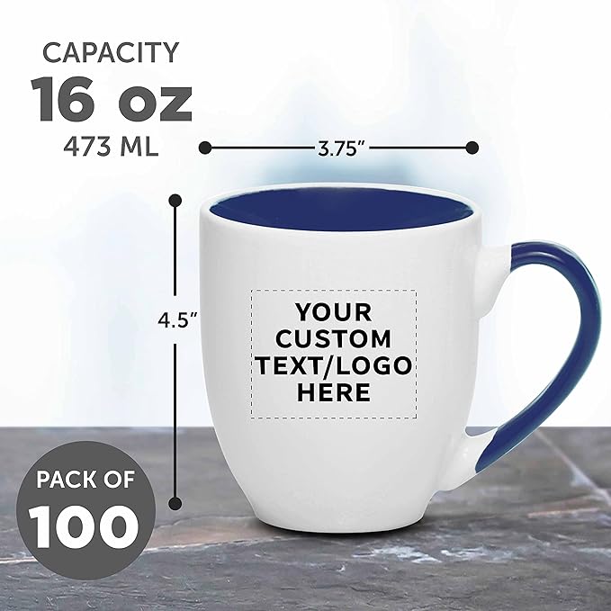 Custom Bistro Style Large Coffee Mugs 16 oz. Set of 100, Personalized Bulk Pack - Perfect for Coffee, Tea, Espresso, Hot Cocoa, Other Beverages - Cobalt Blue