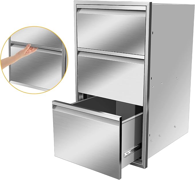 Outdoor Kitchen Drawers Stainless Steel 17W X 30H X 21D Inch, Flush Mount Triple BBQ Island Drawers with Hidden Handle for Outdoor Kitchens, Patio or Grill Station