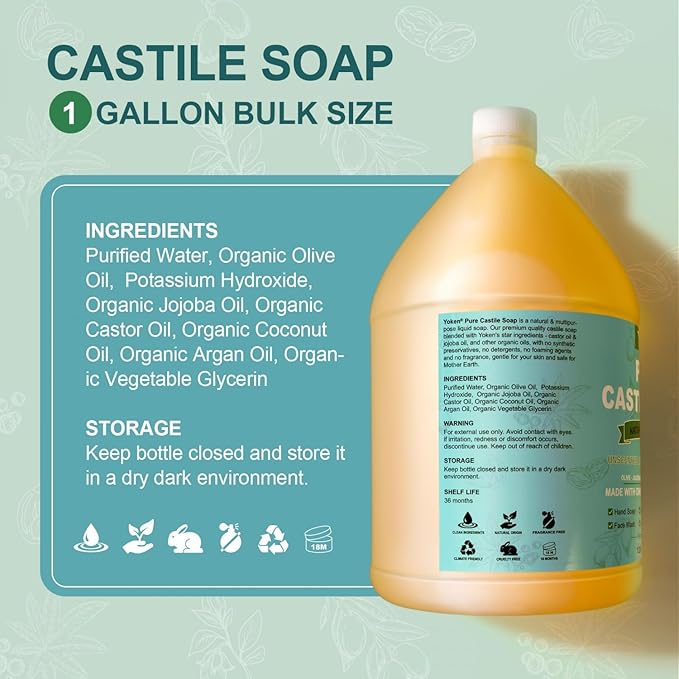 Castile Soap Liquid EWG Verified(1 Gallon, Unscented) Pure-Castile Liquid Soap for Body, Face, Hand, Pets, Laundry, Dish Soap and More - Made With Organic Oil, Vegan, Clean & Gentle, Versatile