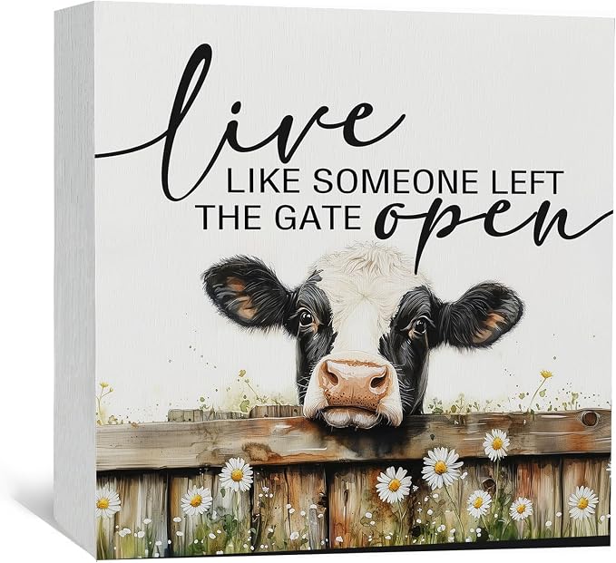 Cow Signs - Farm Cottagecore Animal Office Kitchen Bedroom Decor,Rustic Farmhouse Live like Someone Left the Gate Open Home Decor Wooden Signs,Cow Gifts for Women,6x6