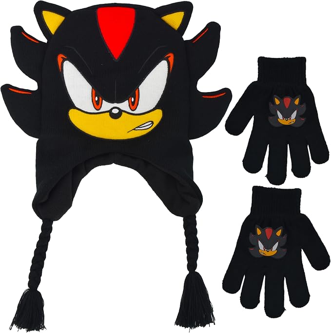 Concept One Sonic The Hedgehog Beanie Hat and Glove Set, Kids Knitted Winter Hat and Gloves