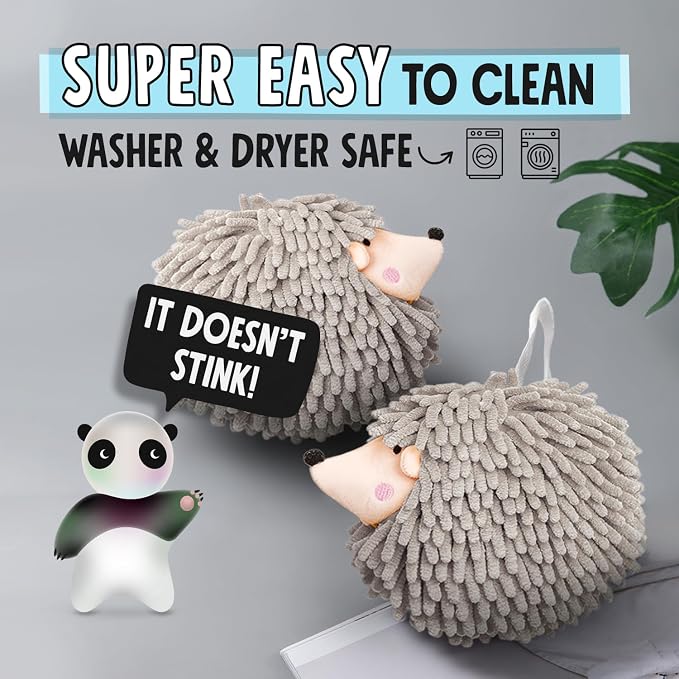 Sophie & Panda Fuzzy Ball Hand Towels - Smiley Hedgehog Hand Towels Family Set – Dry Your Hands Instantly and Conveniently with These Decorative Towels for Bathroom (2-Pack Beige)