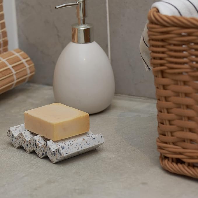 Zig Zag Terrazzo Stone Soap Dish for Bathroom Sink - Concrete Soap Saver for Bar Soap Holder for Shower - Sponge Holder - Self Draining Soap Dish Holder - Kitchen Soap Tray (White)