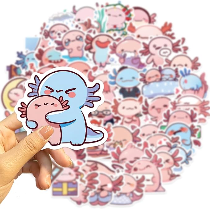 50Pcs Axolotl Sticker, Cute Salamander Stickers for Kids Teens Adults, Vinyl Cartoon Pink Animals Decals Kawaii Axolotls Sticker for Decor Water Bottles Laptops Guitar Scrapbook (Axolotl)