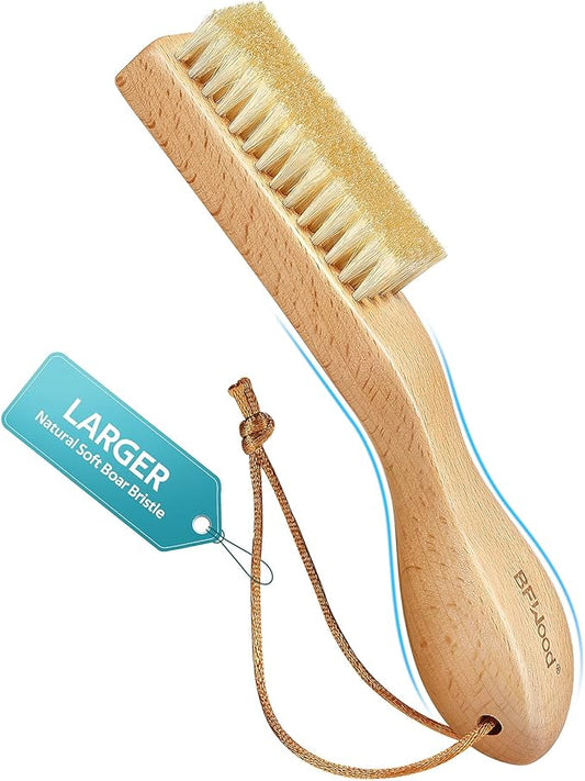 BFWood Laundry Stain Brush, Large Natural Soft Boar Bristles, Removes Tough Stains from Delicate Fabrics Like Knits, Cotton, and Linens, Gentle on Fabrics, No Damage