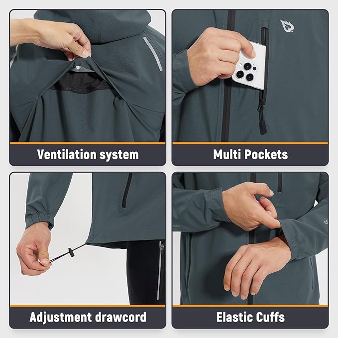 baleaf Men's Rain Jacket Waterproof Windbreaker Raincoat Running Cycling Hiking Gear Hood Lightweight Reflective Packable