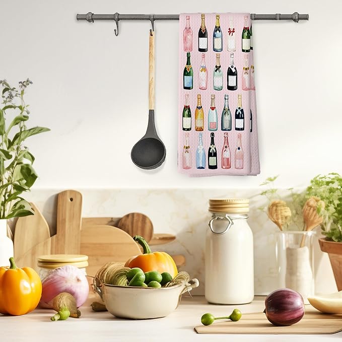Pink Champagne Kitchen Towels, Champagne Accessories Home Bar Bathroom Decor, Champagne Gifts for Women, Cocktail Gift Bachelorettes Decorative Tea Dish Towels 16x24 Inch