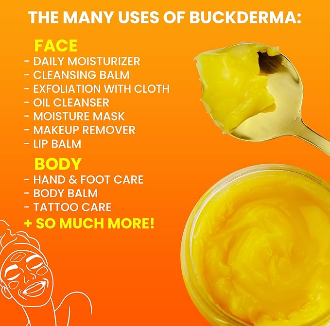 Beesaluxe Buckderma - 100% Natural All-In-One Seabuckthorn Balm - Facial Moisturizer, Oil Cleanser, Overnight Mask, Makeup Remover, Lip Balm, Hand Cream, Foot Butter and More