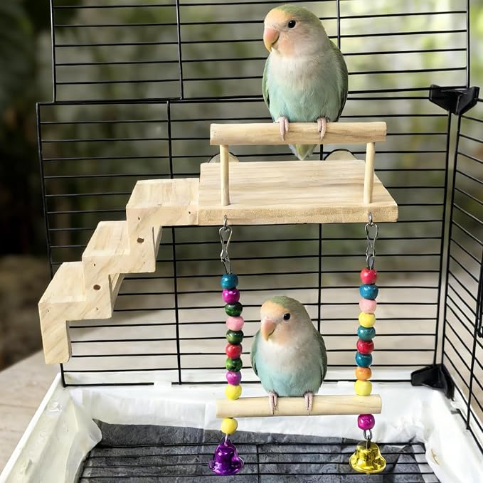 Bird Perch Platform with Ladder & Swing,Parrot Wooden Play Gym Cage Toys | Bird Wood Playing Exercise Stands Perches,Parakeet Climbing Ladder Playground Cage Accessories for Cockatiel Budgie Lovebird