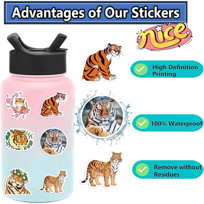 50Pcs Tiger Sticker, Cute Tigers Stickers for Kids Teens Adults, Vinyl Cartoon Animals Decals Kawaii Sticker for Decor Water Bottles Laptops Guitar Scrapbook