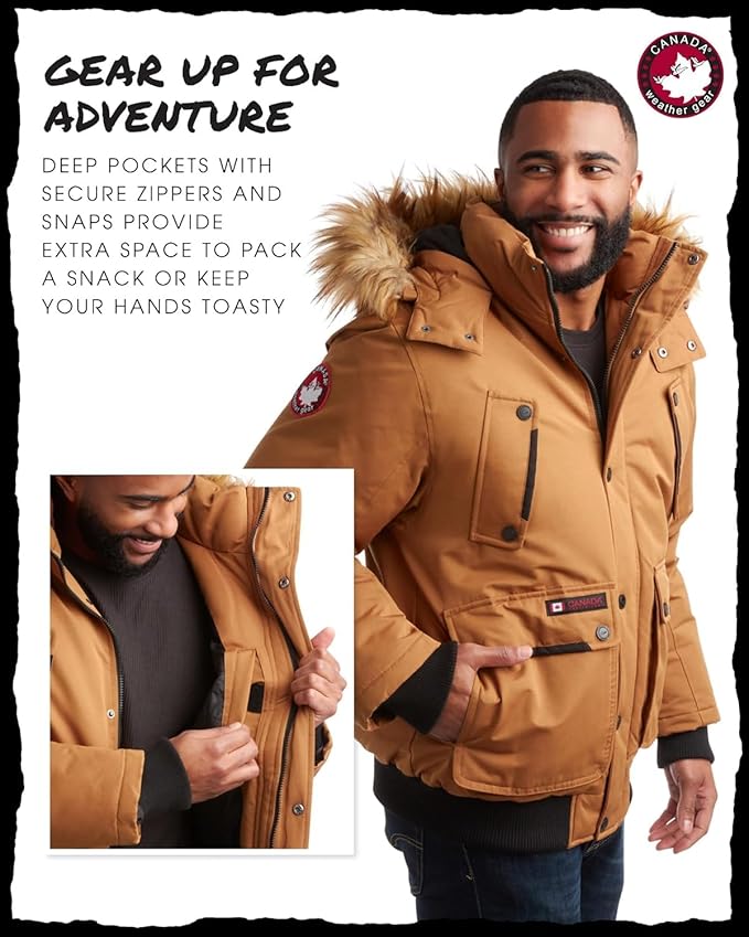 CANADA WEATHER GEAR Mens Winter Bomber Jacket - Heavyweight Winter Coats Weather Resistant Faux Fur Hood Insulated Ski Jacket