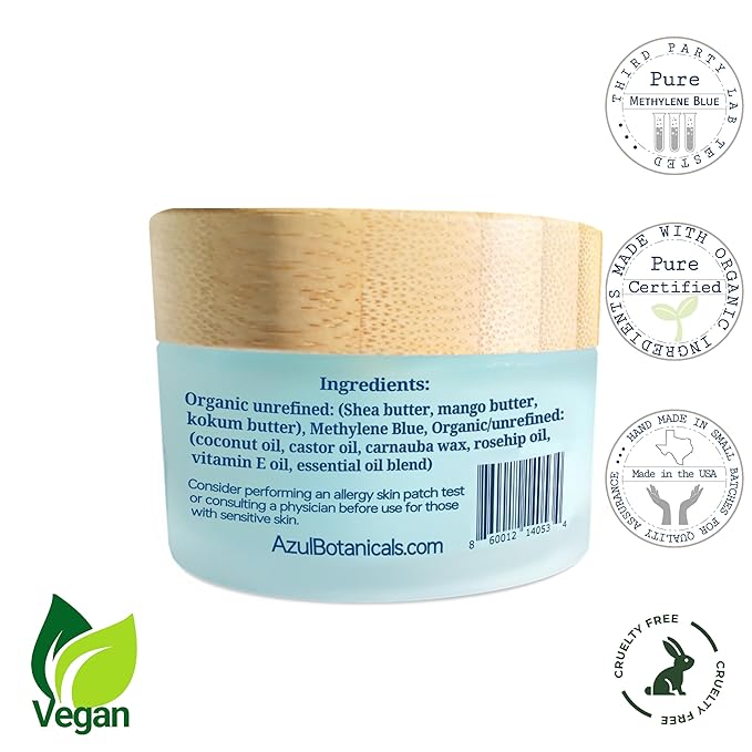 Vegan Methylene Blue Infused Shea Butter Balm for All skin types, Anti-Aging, Face and Full Moisturizer, Stretchmarks, Rosacea, Psoriasis, Eczema, Acne, Organic Vegan Ingredients 1.7 oz