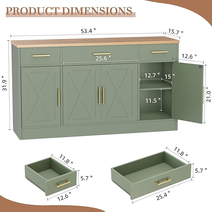 Shintenchi Buffet Cabinet with Storage,53.4" Large Kitchen Storage Cabinet with 3 Drawers and 4 Doors,Wood Farmhouse Buffet Sideboard with Adjustable Shelf for Kitchen Living Room, Green