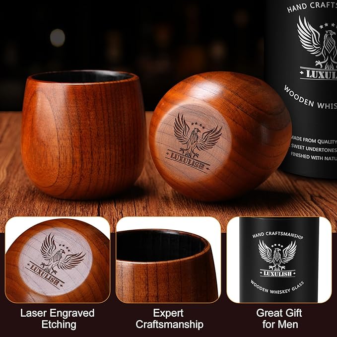 10Oz Large Charred Wooden Bourbon Glass, Include 3 Ice Whiskey Rocks, The Original Wood Whiskey Cup, Old Fashioned Drinking Glasses Tumblers, Gift for Men, Dad, Husband, Brother, Friends