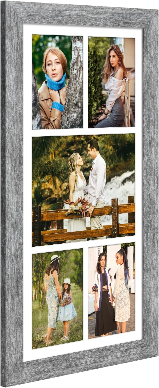 11x23 Picture Frame Display 5 opening 5x7 and 8x10 Picture Frame Collage,Multi Photo Frame with Mat,Plexiglass,Horizontal and Vertical Formats for Wall Decor,Grey Wood Grain