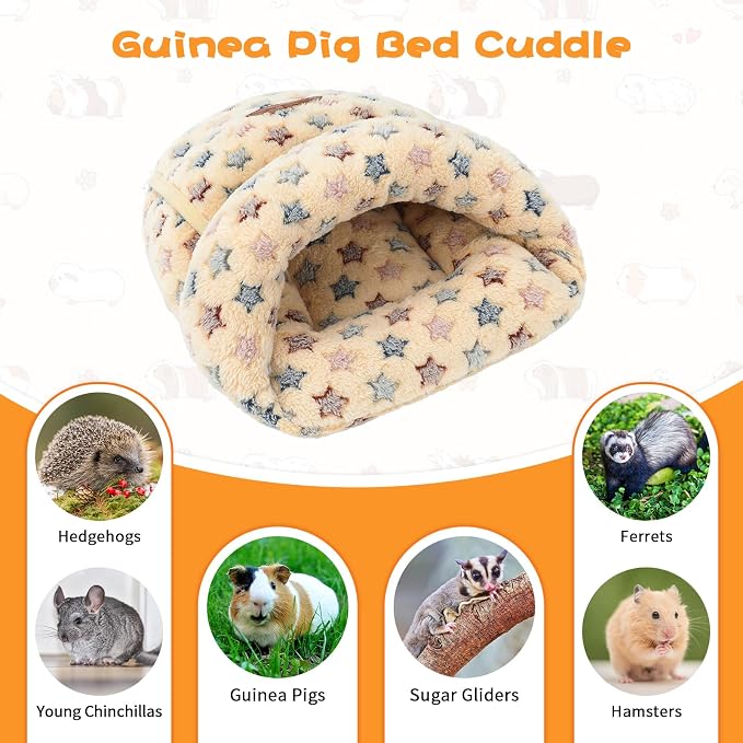 YUEPET Guinea Pig Bed, Warm Fleece Slipper Cuddle Cave, Brown Star | Cozy Guinea Pig House, Portable Guinea Pig Hideout, Thick Coral Fleece, Washable Cushion, Folds Flat for Storage