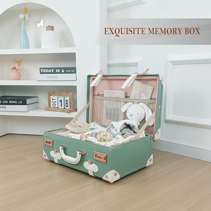 Unitravel Baby Keepsake Case, Handmade Memory Storage Box, Newborn Keepsake Box, Vintage Suitcase for Baby Shower, Baptism, Naming Ceremony or Birthday