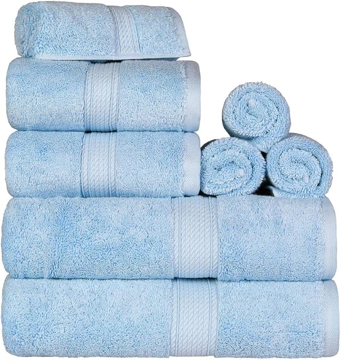 BLUENILEMILLS Madison Egyptian Cotton Towels, Towel Set for Bathroom, Shower, Hotel, Plush, 900 GSM, Highly Absorbent and Ultra-Soft Towels, Bath Essentials, 8 Piece Assorted Towel Set, Light Blue