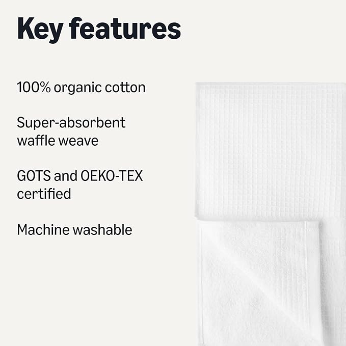 Amazon Basics Organic Cotton Waffle Kitchen Dish Towels - Ultra Absorbent, Quick Drying, Lint-Free, 15 x 25 inches, 6-Pack, White