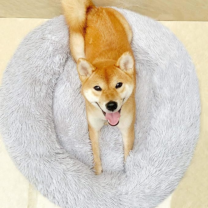Plush Calming Donut Dog Bed for Small to Medium Dogs, 28 Inch Round Pet Bed | Soft Faux Fur Puppy Bed with Raised Rim for Curling and Head Support; Washable Round Pet Bed for Small to Medium Dogs or Cats