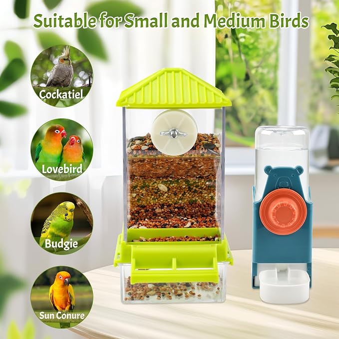 Rypet No-Mess Bird Feeder and Water Dispenser Set for Small Birds | Automatic Bird Feeder, Transparent Acrylic Food Container, Helps Reduce Seed Scatter, for Parakeet Cockatiel Parrot Canary