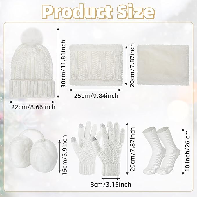 SATINIOR 5 Pcs Winter Satin Lined Hat Scarf Gloves Set Knit Pompom Beanie Warm Touchscreen Glove Earmuff Ear Warmer for Women