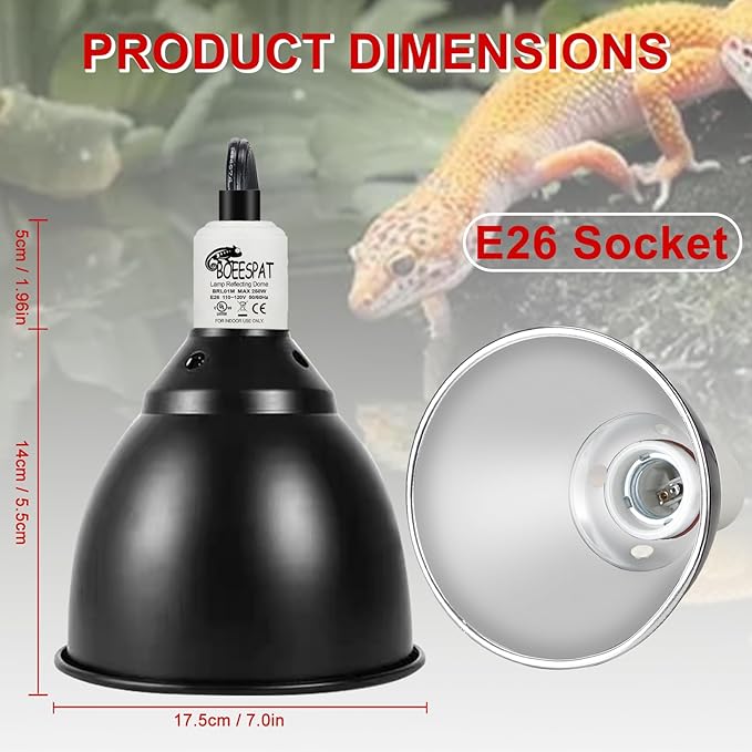 Large Caliber Reptile Lamp Cover Dome Supports Up to 250W, Diameter 7.0 Inch Heat Lamp/Light Fixture Dome Fit for E26 UVA/UVB Basking Bulbs, Perfectly Fit 250 watts Ceramic Heat Lamp
