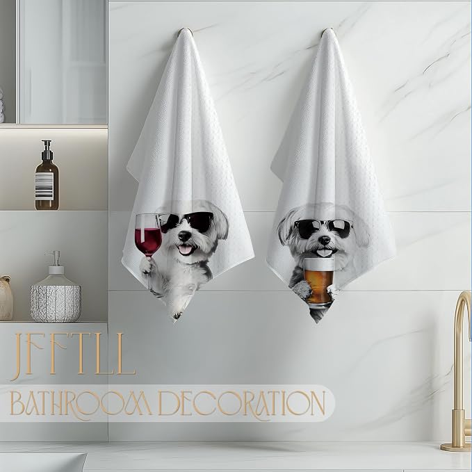 Funny Maltese Kitchen Towels Set of 2, Funny Kitchen Decor, Wine Station Wine Bar Decor, Black and White Maltese Owner Gift Hand Towel, Dining Room Decorative Tea Towel Dish Towels 16x24 Inch