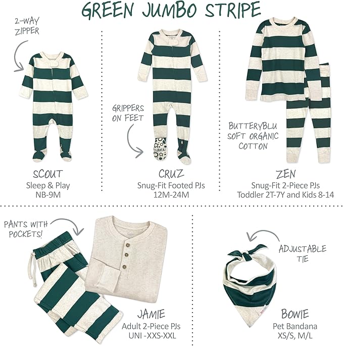 JAMIE Matching Family Jammies Holiday Pajamas 100% Organic Cotton PJs Adults, Kids, Toddlers, Baby, Pets