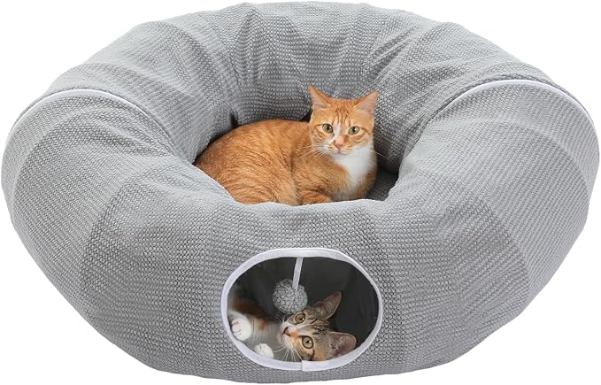 PEQULTI Grey Donut Cat Tunnel Bed Washable Plush Mat Multi for Small Pets | Round play tube with soft detachable plush mat, multi-pet toy fit indoor cats, kittens, puppies, rabbits and ferrets