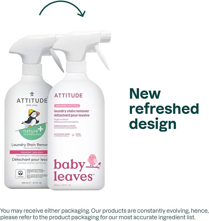 ATTITUDE Baby Laundry Stain Remover, Plant and Mineral-Based Ingredients, Vegan and Cruelty-free Household Products, Unscented, 27.1 Fl Oz (Pack of 6)