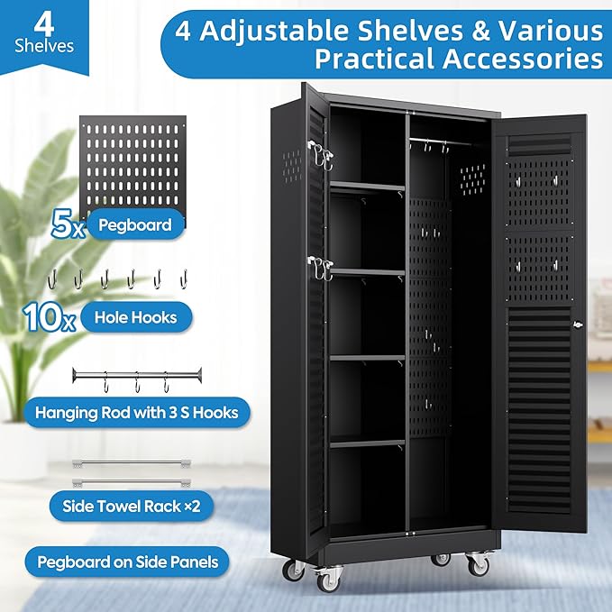 Mop and Broom Closet Storage Cabinet with Wheels and Pegboard,Metal Garage Storage Cabinet with Doors and Adjustable Shelves for Garage Home,Required Assembly,Black